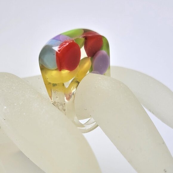 Lucite Resin Ring Multicolor Beads Clear See Through Rectangular Ring - Picture 1 of 8
